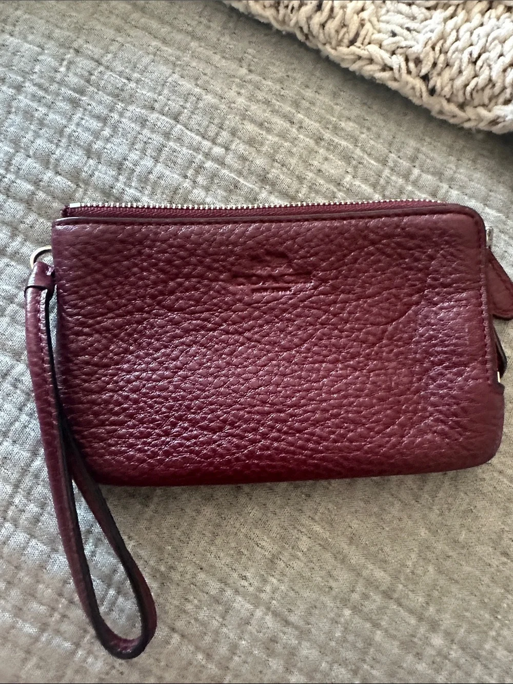 Coach Pebbled Leather Wristlet in Deep Burgundy